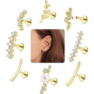 Cartilage Earrings 16G Helix Piercing Jewelry Stainless Steel Internal Thread CZ Flat Back Conch Piercing Jewelry Tragus Cartilage Earring Hypoallergenic Fashionable Leaf Flower Designs Snake Studs