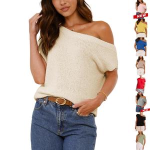 Yeokou Womens Off Shoulder Sweater Y2K Short Sleeve Ribbed Knit Pullover Date Night Top Blouse Womenswear Soft,summerwins