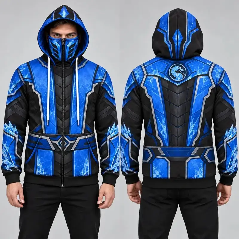 M0rtal K0mbat Sub-Zero Mens Zip-Up Hoodie, Lin Kuei Guild Built-In Face Mask Jacket, Blue Black Ninja Armor All-Over Print Hooded Sweatshirt, Cosplay Gamer Gift