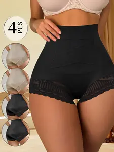 QUASTI 4-Packs Ladies High-Waisted Panties, Smooth Fabric Basic Full Coverage Tummy Control Stretchy Safety Panties,Lace Edge Design for Womenswear, Soft Comfort for Dailywear, S-XXL Black Elastic Everyday Feminine