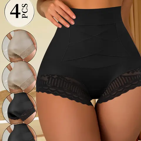 QUASTI Women's 4-Pack High-Waisted Basic Panties - Feminine Lady Underwear, 2*Black+2*Amber, Slimming Tummy Control, Smooth Stretchy Fabric, Full Coverage, Lace Edge, Soft Elastic, Everyday Daily Wear, S-XXL