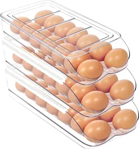 2 Layer Egg Holder for Fridge, Automatic Rolling Egg Organizer for Refrigerator, Clear Plastic Egg Container & Tray, Stackable Egg Dispenser and Storage Bin with Sturdy Lid to Saving Space