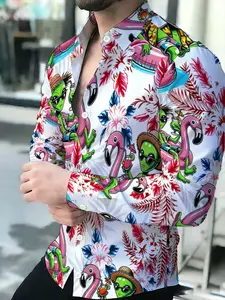 Tropical Print Men's Shirt, Summer Casual Long Sleeve Top, Flamingo Pattern Trendy Men's Wear, Fashion Floral Shirt, White Base with Multi-color Print