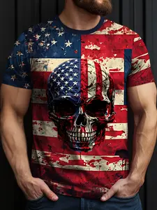 Men's Plus Size Military Green Camouflage Patriotic Flag T-Shirt, Rugged Outdoor Style Breathable Crew Neck, Fitted, Comfortable for all seasons, Casual Short-Sleeve Shirt, Machine Washable, Streetwear, Top