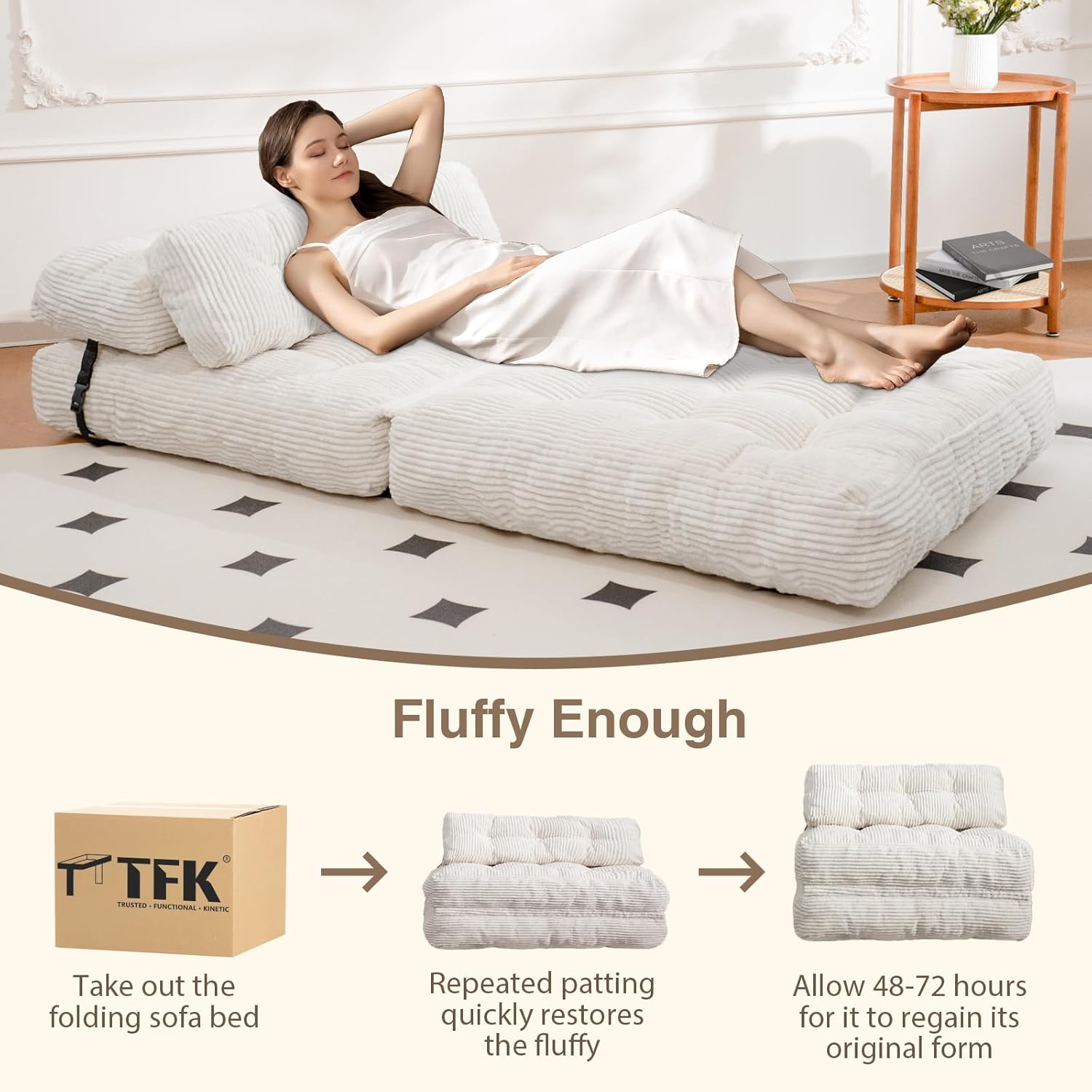 Folding Sofa Bed Convertible Sleeper Chair with Pillow Foldable Mattress with Back Support Portable Fold Out Chair Bed Comfy Floor Sofa Lounge for Living Room Bedroom white Single