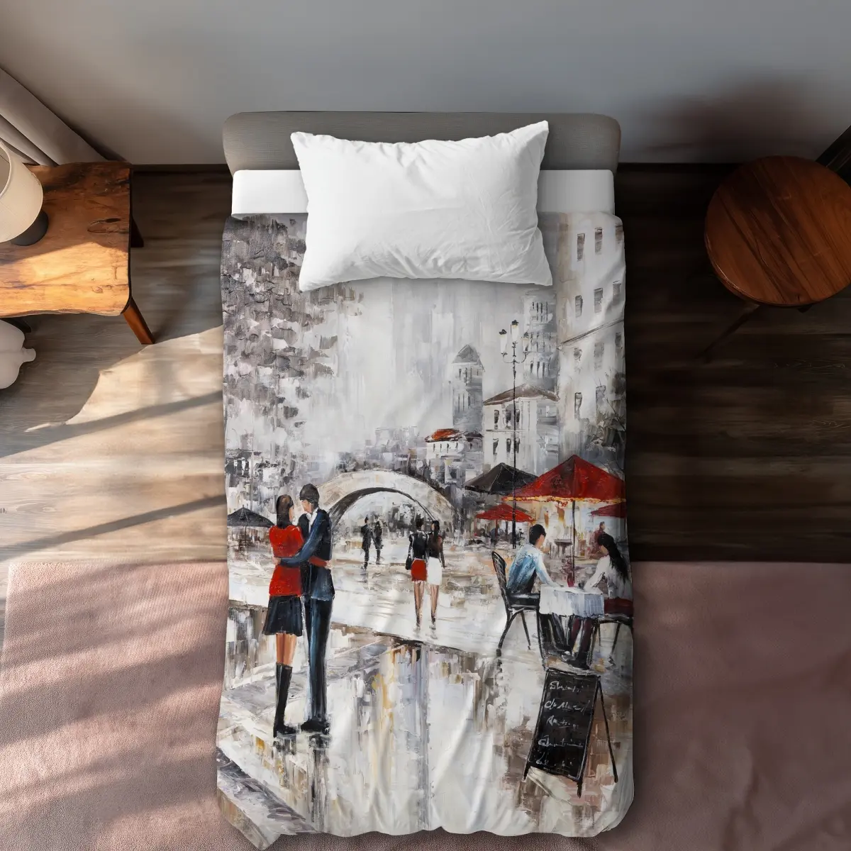 Begin Home Decor C1DCTSW05PHR8N Young Couple Hugging Twin Size Duvet Cover - Street Scenery Home Decor