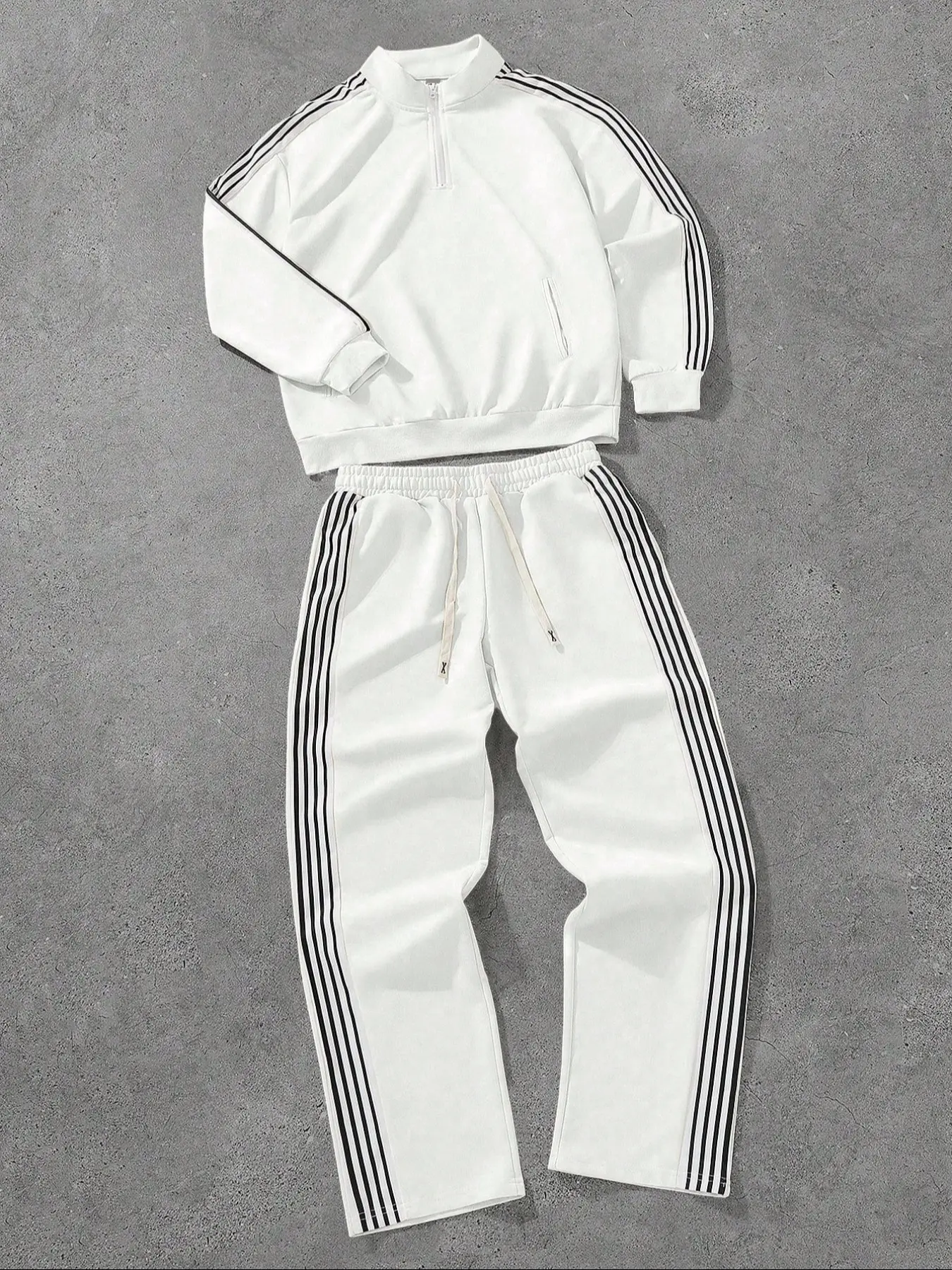 American Retro Sporty Set, Half-Zip Sweatshirt & Striped Wide-Leg Pants, Classic Stripe, Slimming Leg Look, Casual Sports Tracksuit