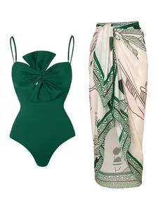 Women's Twist Front One-piece Swimsuit & Colorblock Knot Cover Up Skirt Set, Casual Fashion Chic Swimwear Set for Beach Holiday Vacation, Ladies Swimsuit for All Seasons, Swimsuit Cover Ups, Swimsuits Cover Ups