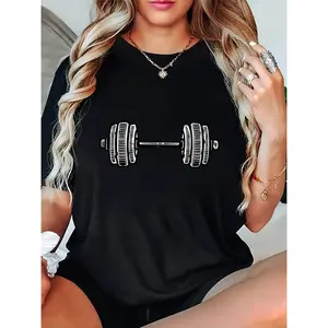 Women'S Casual Fitness T-Shirt with Dumbbell Graphic - Brown, Short Sleeve, Round Neck, Comfortable Summer Top for Workout & Relaxation, Casual Wear Tee| Playful Print Top| Comfortable Fit, Fitness