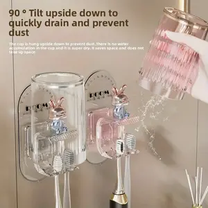 2pcs Couple'S Oral Hygiene Cup Holder - Adorable Cartoon Design, No-Drill Wall-Mounted Toothbrush & Toothpaste Organizer, Durable Plastic Bathroom Storage Rack, Perfect for Home or Hotel Use, Oral Hygiene Essentials, Toothbrush Holders | Playful Design