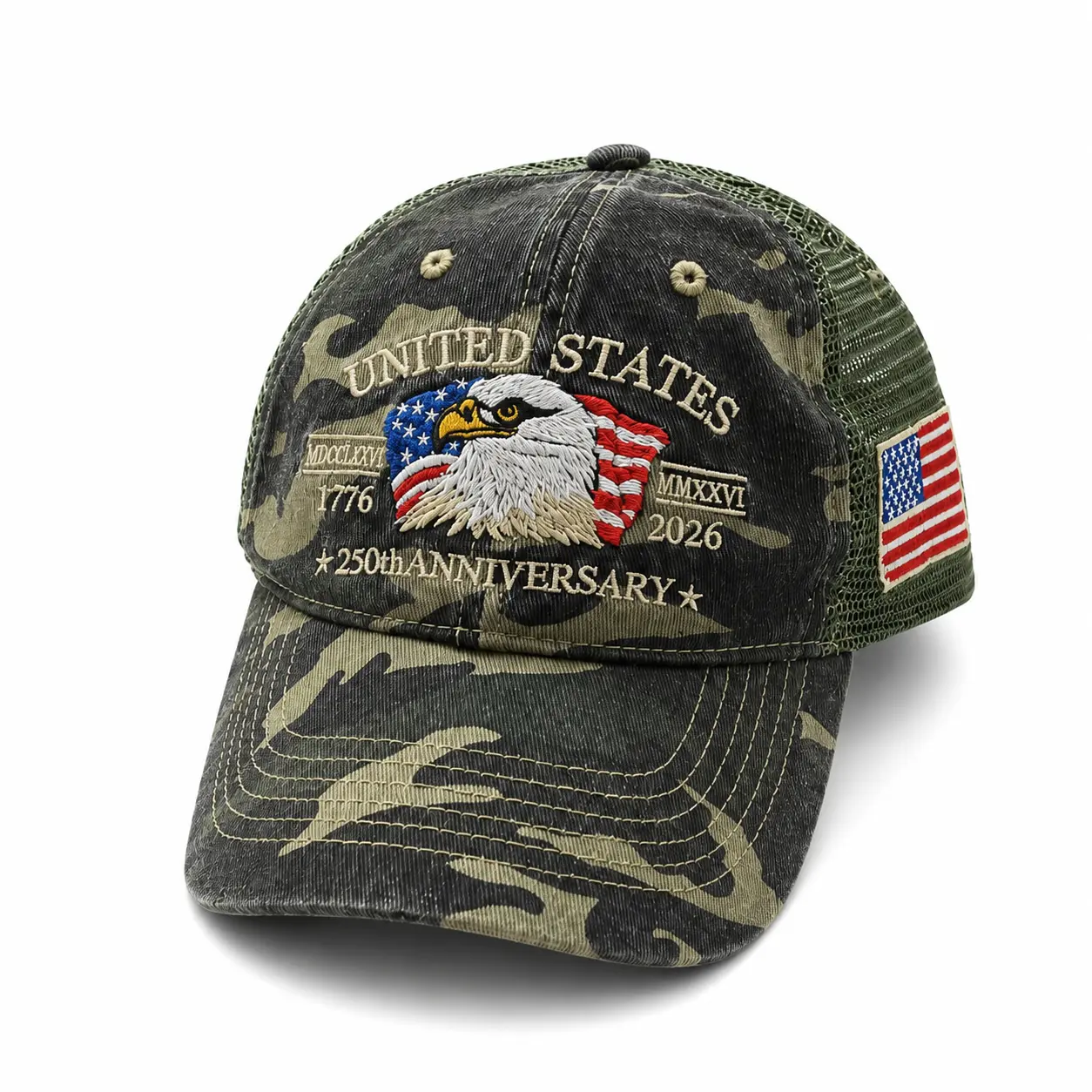 HAT CAMO MESH, 250 Anniversary USA Hat , Adjustable United States 250 Year American Anniversary Hat, Embroidered Hat Baseball Caps, Independence Day 1776-2026 Gift