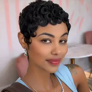 Women' Curly Pixie Cut Wig Human Hair Suitable for Skin Tones, Short Layered Curly Wave Wigs with, Density Hairpiece for Daily Wear, Parties & Special Occasions - Brand Name Product