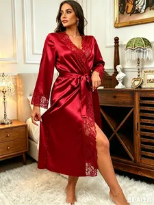 Burgundy Lace Trim Satin Long Robe - Women's Luxury Loungewear Nightgown Elegant Burgundy Satin Sleepwear Robe with Lace Cuffs & V-Neck