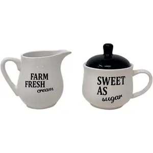 Set Sugar Bowl and Cream Server Holder Ceramic Black & White Farmhouse Table Kitchen Decor