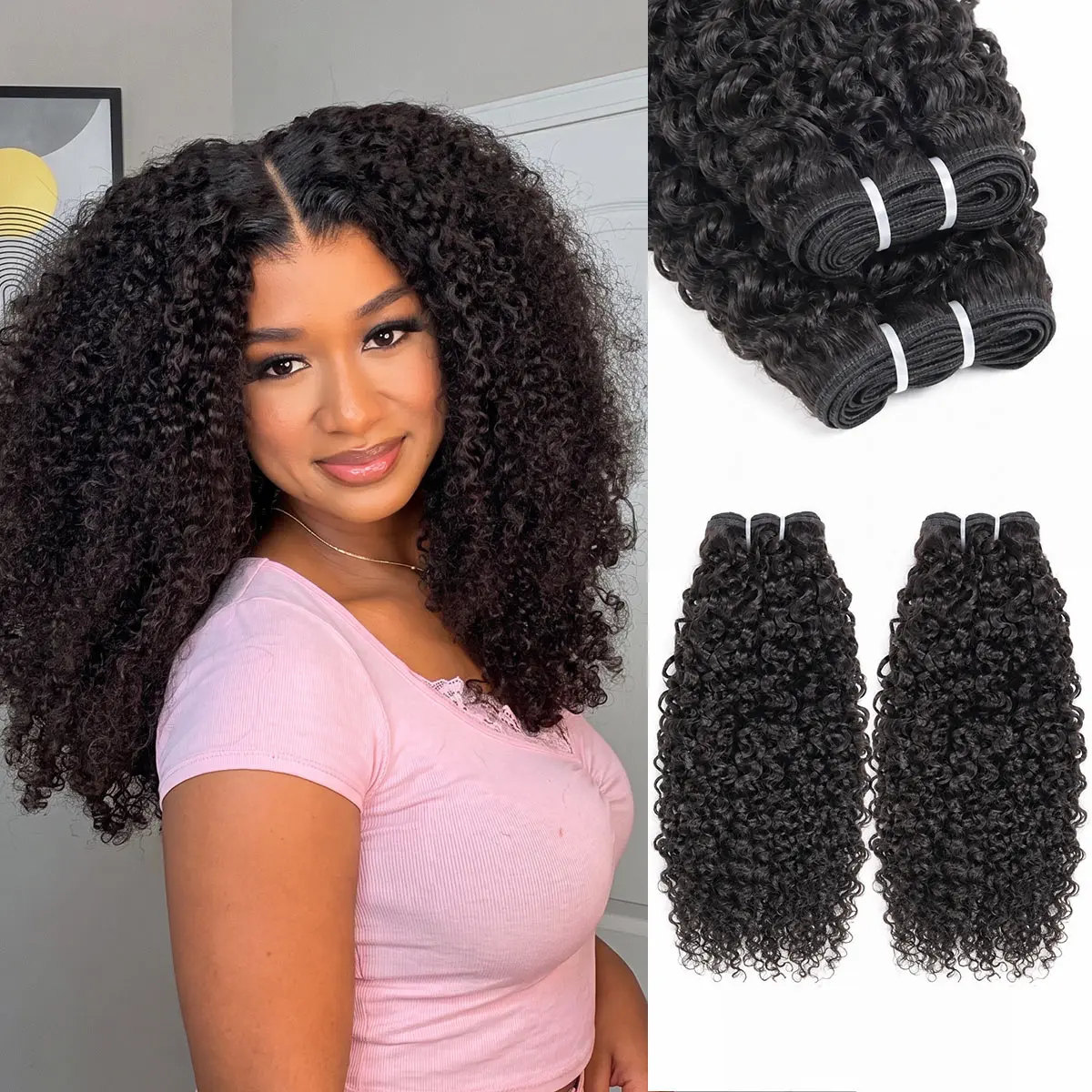 OQ HAIR Pixie Curly Double Wefted Human Hair Weave Bundles 3/4 PCS 100% Unprocessed Brazilian Virgin Hair Quick Weave Extensions Natural Black