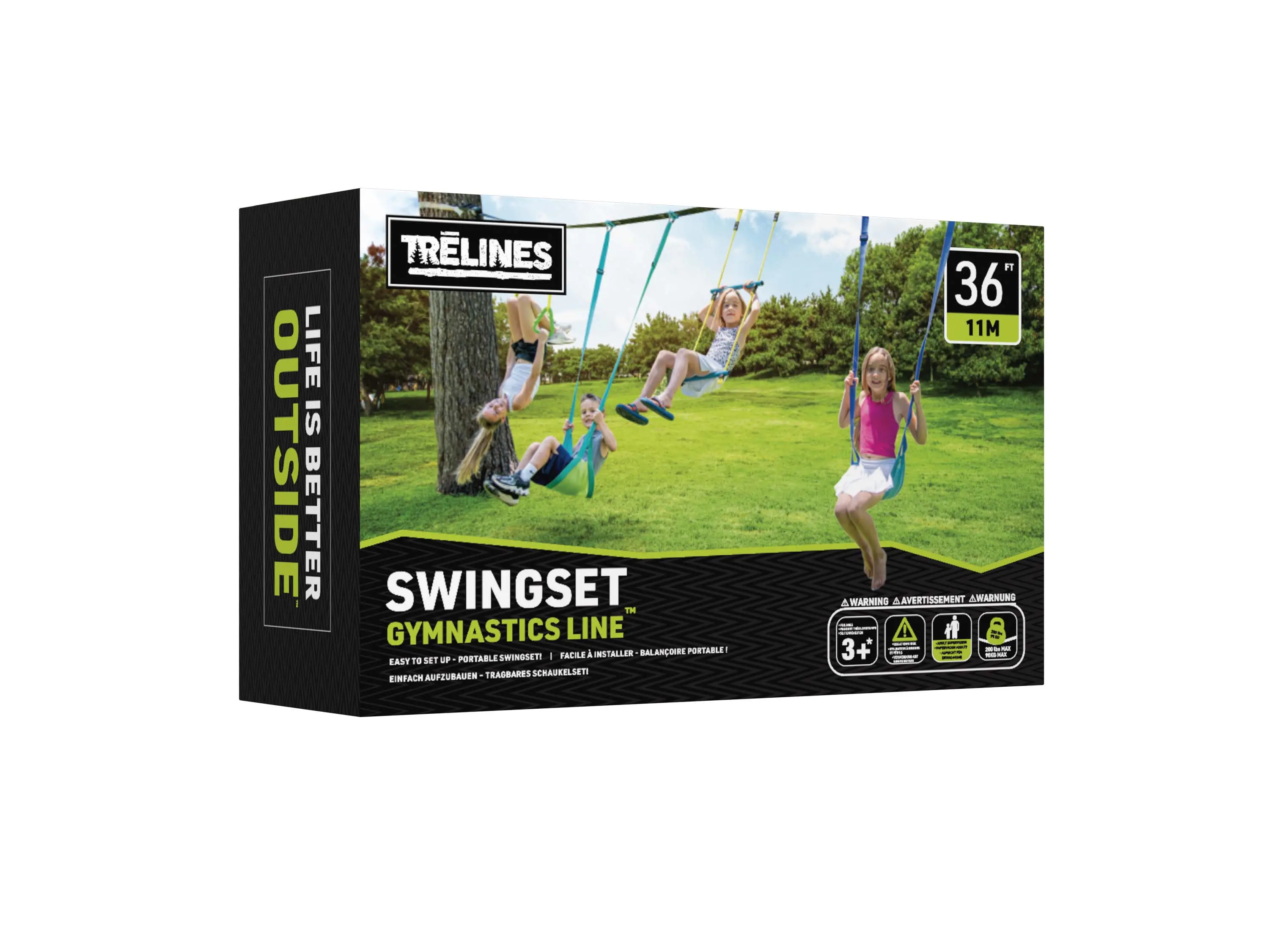 Trelines 36ft Portable Slackline and Gymnastics Kit for Kids, Dual Use Outdoor Swinging Line with 2 Adjustable Swings, Rings, Double Trapeze Bar & Easy Installation, Gym Equipment, Portable Use, Rubber, Storage Bag, 36 Ft, Amazing Affordable Line Kit
