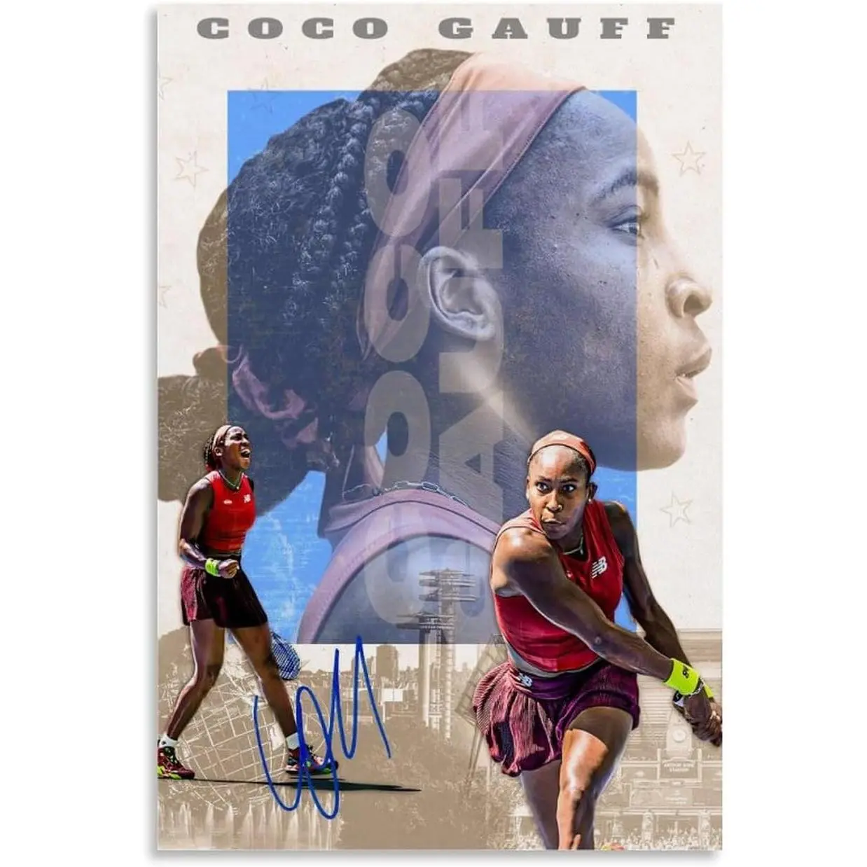 Coco Gauff Tennis Signature Poster - Artistic Wood Frame Decorative Canvas Print, Home Decor Wall Art for Room Aesthetics