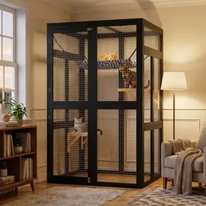 Large Wooden Outdoor Small Catio Wooden Cat Enclosure with Hammock, Window Access & 2 Platforms, Weatherproof Catio Cat Cage for Balcony/Patio/Backyard or Indoor Use