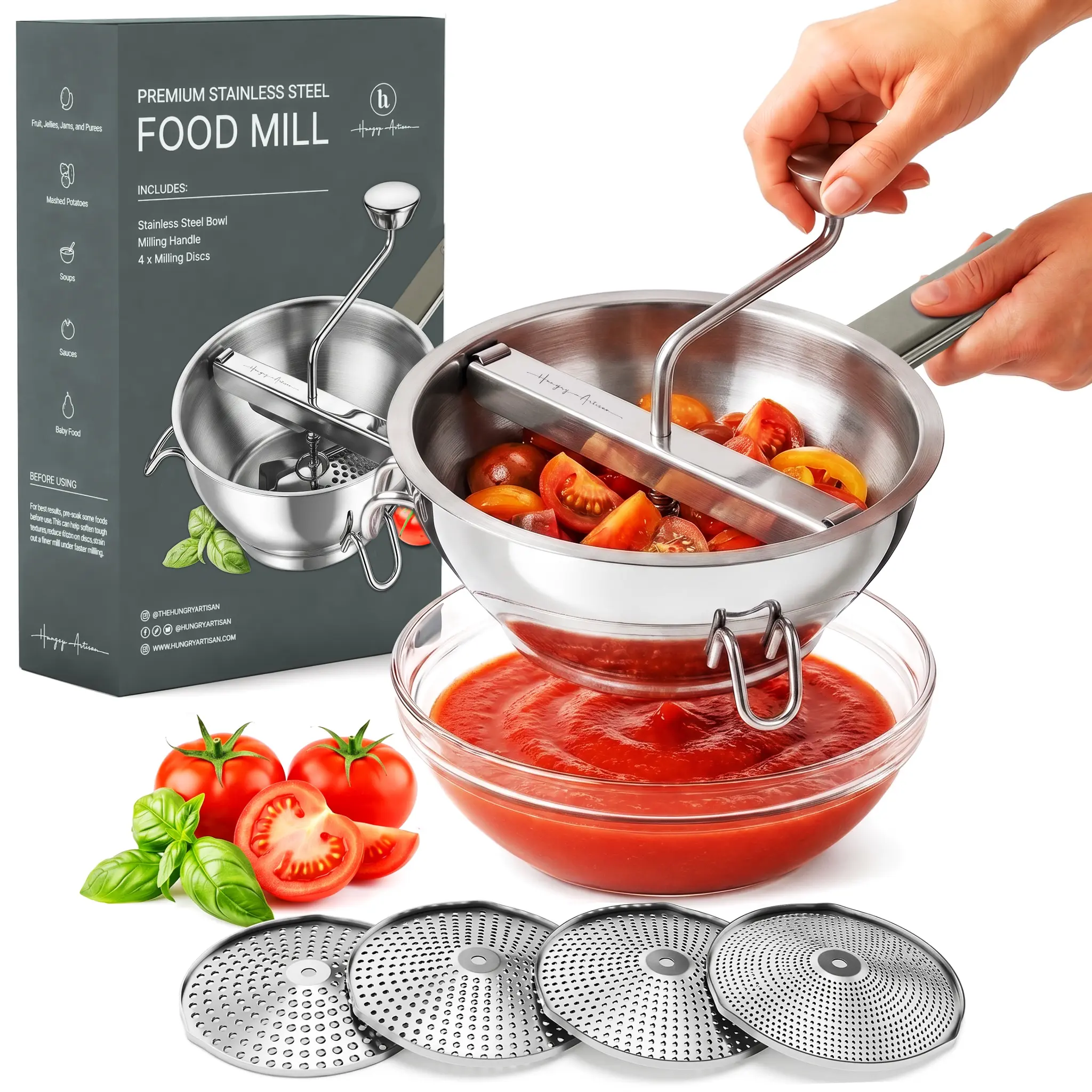 Hungry Artisan Upgraded 4-Disc Stainless Steel Food Mill - Ergonomic Rotary, Rust-Resistant, Easy-Clean Colander for Tomato Sauce, Baby Food, Mashed Potatoes | Premium Rustic Kitchen Household Product