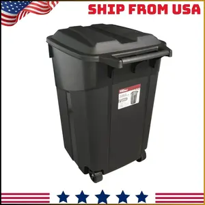 45-Gallon Black Wheeled Heavy-Duty Plastic Garbage Can with Attached Lid for Outdoor & Indoor Use Extra-Large Capacity Durable Construction