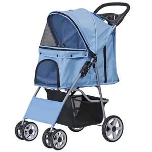 SuperDeal Pets 4-Wheel Foldable Pet Stroller with Carrier and Storage Basket for Cats and Dogs, Blue
