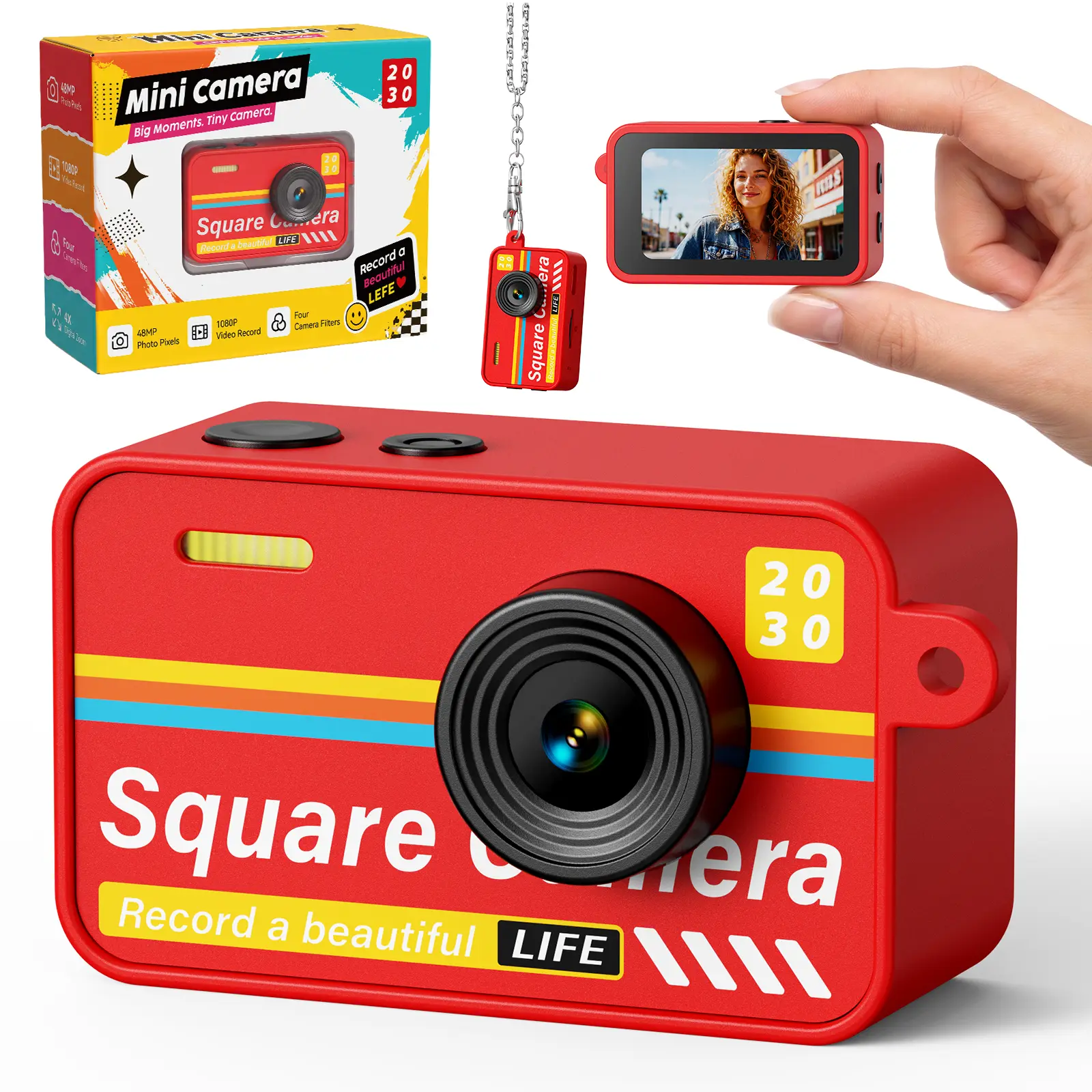 Y2K Mini Digital Camera Keychain, Retro Pocket Camera for Photos & 1080P Videos, 4X Digital Zoom, 4 Vintage Filters, Portable Tiny Camera Toy with Keychain Necklace, Cute Gift for Teens & Friends