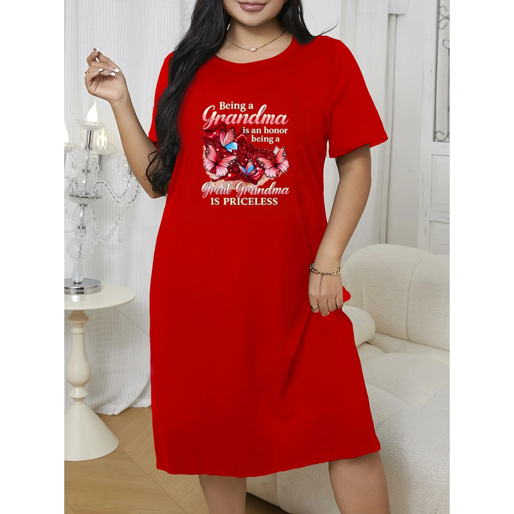 Women's Short-Sleeve Summer Dress 2026 Spring Casual Loose T-Shirt Style  Nightgown Grandma-Style Mother's