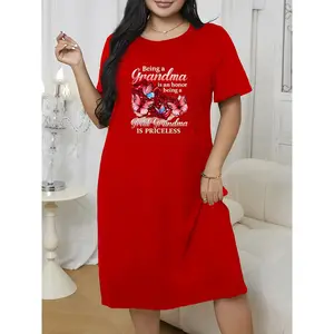 Women's Short-Sleeve Summer Dress 2026 Spring Casual Loose T-Shirt Style Nightgown Grandma-Style Mother's Day Print Short Plus Size Robe Night Gown Tirevino Light Gray Marianne Red Women's Pajamas Comfortable Crew Neck Homewear