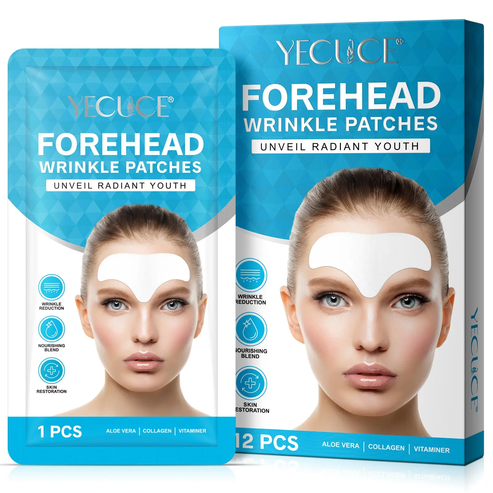 YECUCE Forehead Wrinkle Patches (12 pcs), Forehead Facial Patches, containing aloe vera, vitamin E, and hydrolyzed collagen, help firm the skin, reduce wrinkles, and make the skin look younger, smoother, and more supple, Skin Repair