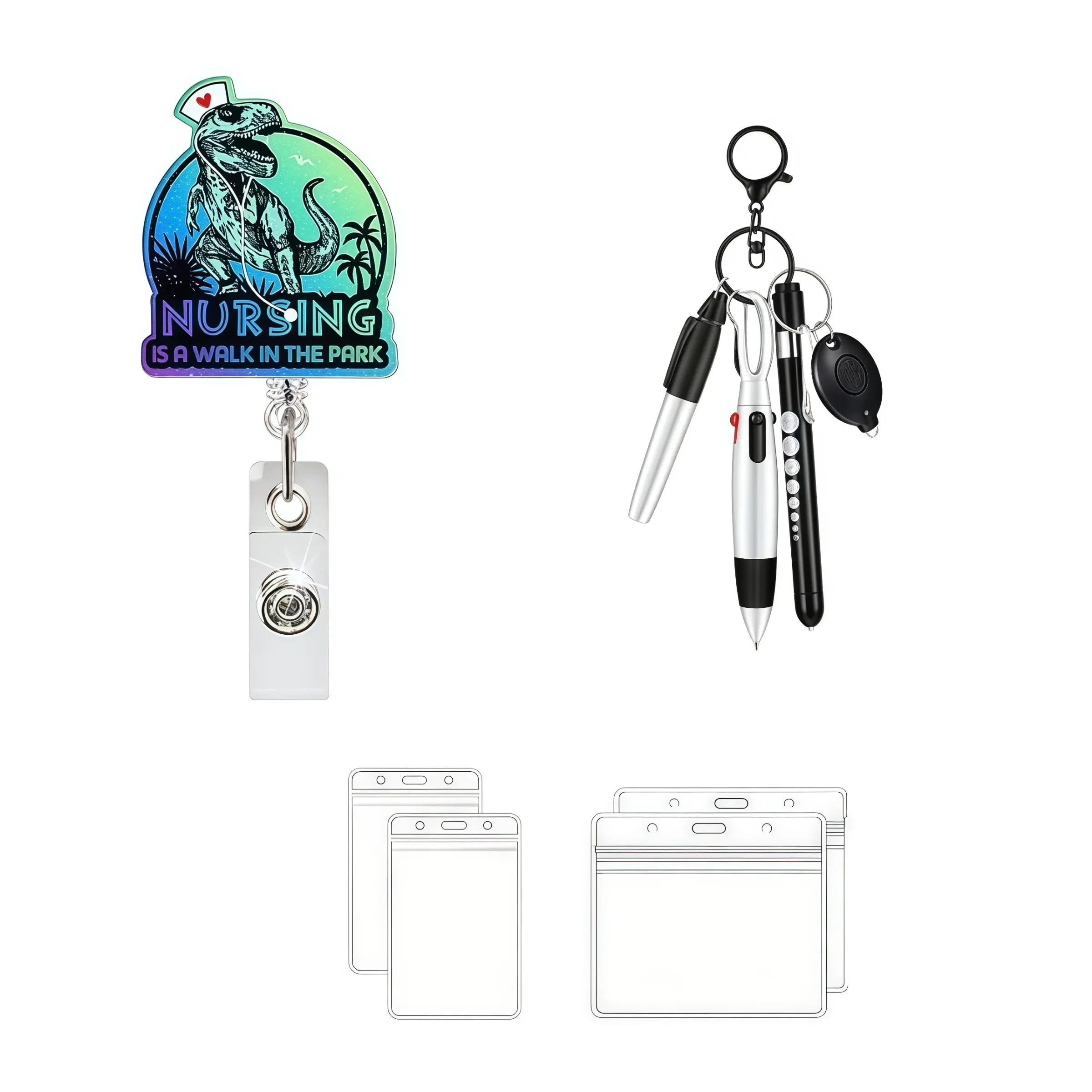 Fun Dinosaur Design Nurse Badge Reel Set, Includes Keychain Pen and ID Card Holder, Perfect Gift for Rn, Cna, Nurses, Medical Workers