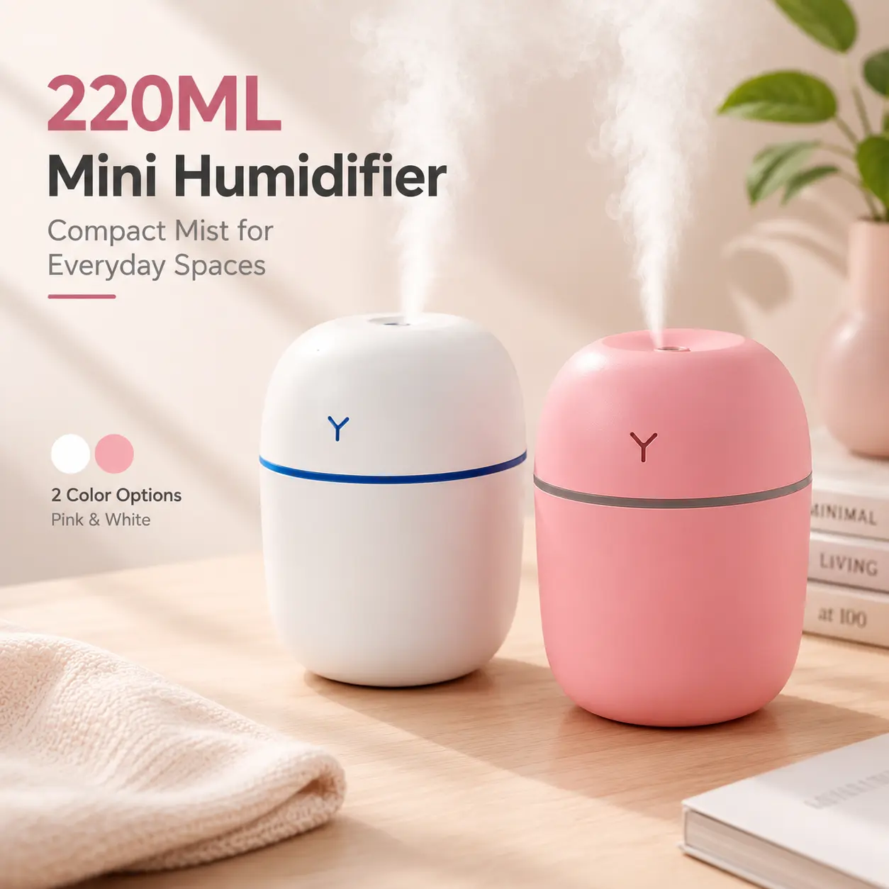 220ML Mini Humidifier, USB Powered Cool Mist Humidifier for Bedroom Office Desk, Compact Personal Humidifier, Pink or White