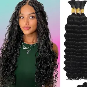 Human Braiding Hair for Boho Braids 110g 16 Inch Curly Boho Hair for Braiding Knotless 12A Deep Wave Bulk Bohemian 3 Bundles/Pack Natural Color