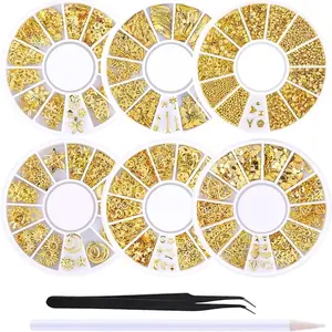 6 Boxes 3D Hollow Gold Nail Decoration Shell Metal Nail Studs Nail Jewels Kit With 1Pc Tweezers And Picker Pencil
