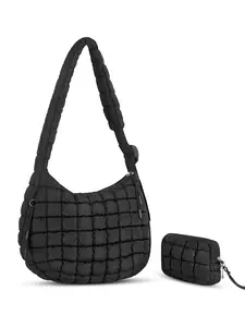 Women's Quilted Hobo Shoulder Bag, Adjustable Strap Crossbody Handbag, Casual Crossbody Bag, Long Strap Fluffy Bohemian Style, Detachable Small Pocket Design, Crossbody Purse