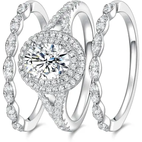 GEMSME Women's 1.5CT Oval Cut Stackable Interchangeable 3-in-1 Halo Cubic Zirconia Band, Female Engagement Rings Gift Set for Anniversary, Glam Promise Present, Free Returns (R-1128-W)