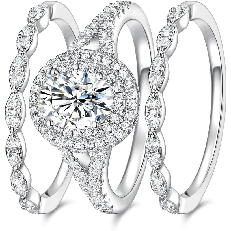 GEMSME Women's 1.5CT Oval Cut Stackable Interchangeable 3-in-1 Halo Cubic Zirconia Band, Female Engagement Rings Gift Set for Anniversary, Glam Promise Present, Free Returns (R-1128-W)