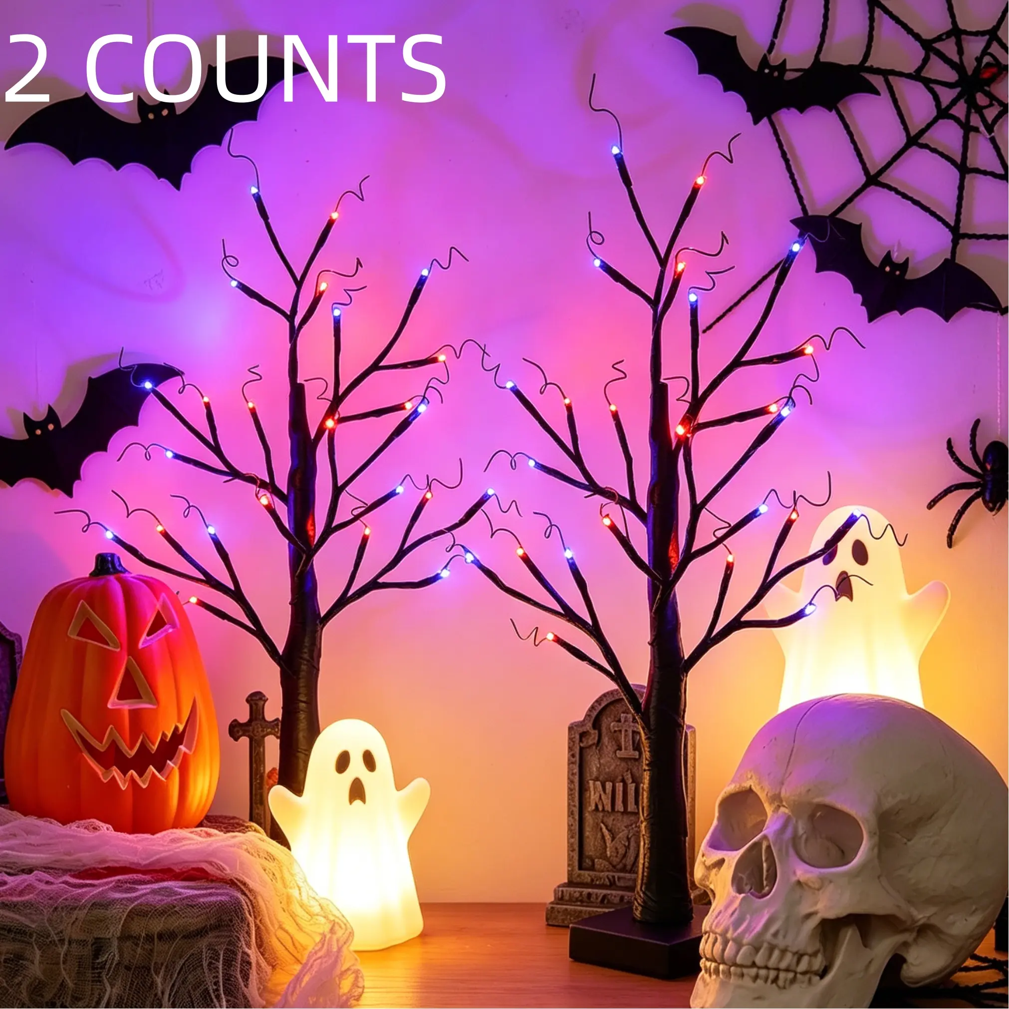 24inch Ghost Tree LED Light, 24 Leds, USB or Battery Powered, Halloween Desktop Decor, DIY Indoor Lighting, Bedroom Room Decoration