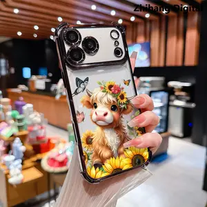 Cute Highland Cow Sunflower Floral Pattern Premium Phone Case for iPhone 17 Pro Max Air 16 Plus 15 14 13 12 11 Four-corner airbag drop protection, Protective Silicone Cover, Protection Durable, Shockproof Drop