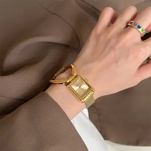 Gold Square Dial Magnetic Watch with Adjustable Mesh Strap Bold Design Large Clasp for Stylish Wear