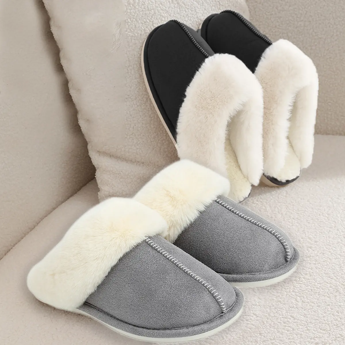 Comfortable Suede Slippers for Women, Plain Design House Shoes Memory Foam Clog Slippers with Fluffy Lining for Winter and Christmas
