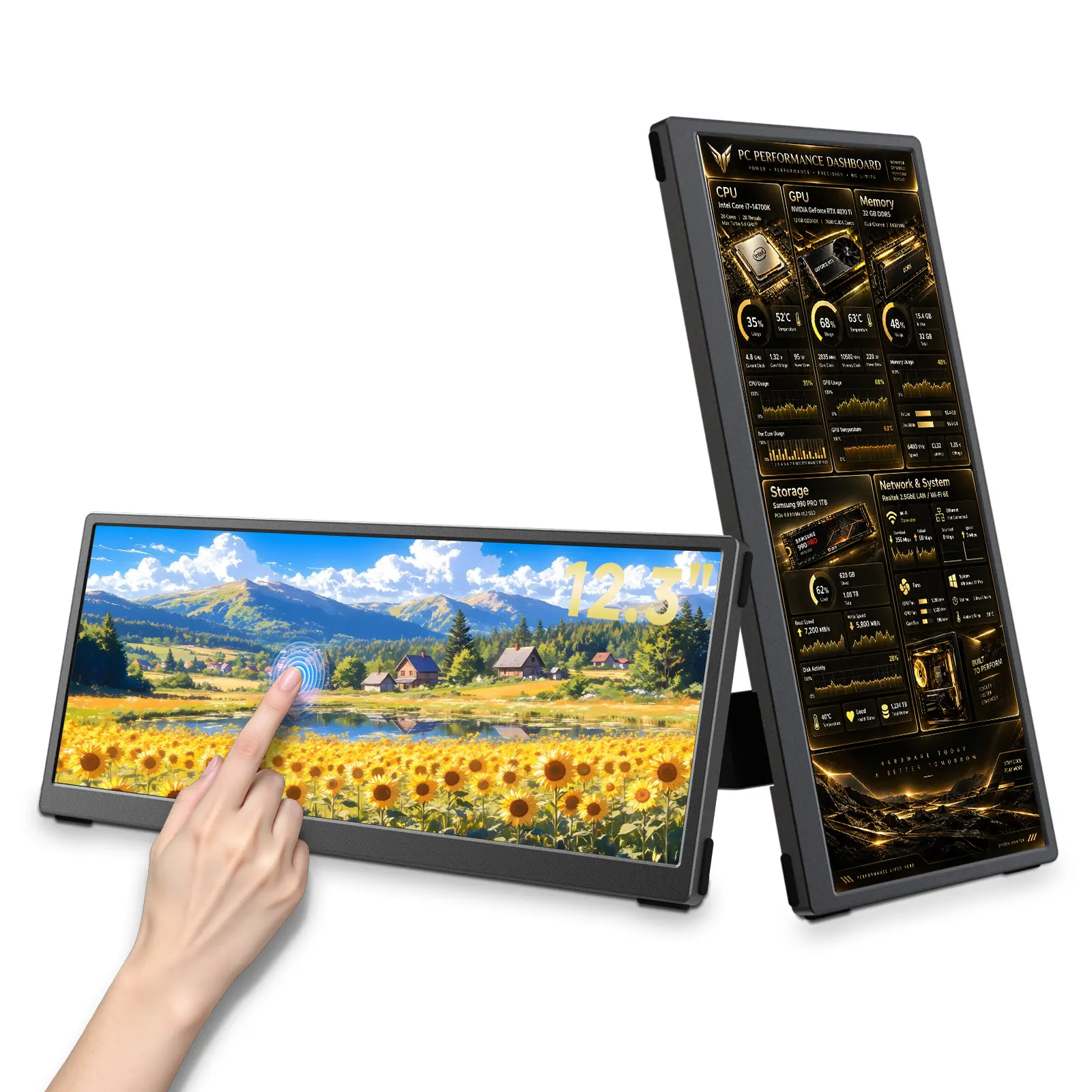 Multi-Size Portable Gaming Monitor, 4K UHD & 1080P FHD Touchscreen Display, 144Hz/60Hz, 100% sRGB, USB-C & HDMI, Built-in Stand & Speakers, Second Screen for PS5, Xbox, PC & Laptop