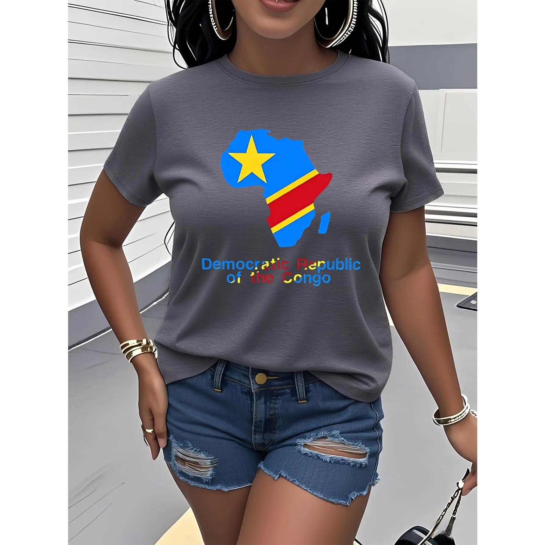 Women's Democratic Republic of Congo Map Print Solid Loose Short-Sleeve Crew Neck Chic Sports Top, Casual Undershirt, Perfect for Daily Wear, Outings, Birthday Gifting