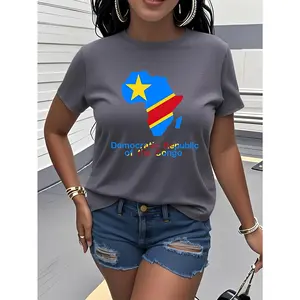 Democratic Republic of Congo Map Print T-shirt, Short Sleeve Crew Neck Casual Top, Women's Clothing Stylish and Versatile, Perfect for Daily Wear, Parties, Outings, Vacations, Travel, and as a Birthday Gift