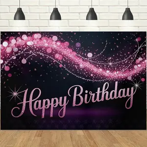 1pc 2D Black Pink Glitter Happy Birthday Backdrop Banner, Pink Purple Gradient Bokeh & Star Sparkle Elements, Romantic & Dreamy Style, Perfect for Girls' Birthday Party, Girlfriends Gathering, Luxury Celebration Decor, Photo Booth Prop