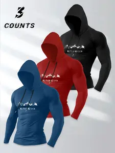 Men's Casual Sportswear Hooded Long Sleeve Drawstring Design Tee Set, Athletic Compression Shirts, Spring Fall Fashion Weightlifting Letter Print, Comfortable Stylish Fit