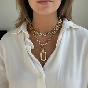 Double Gold Coarse Chain Necklace with Geometric Link Pendant Fashion Layered Declaration Collar Hypoallergenic Punk Style Women's Jewelry Gift Daily Wear
