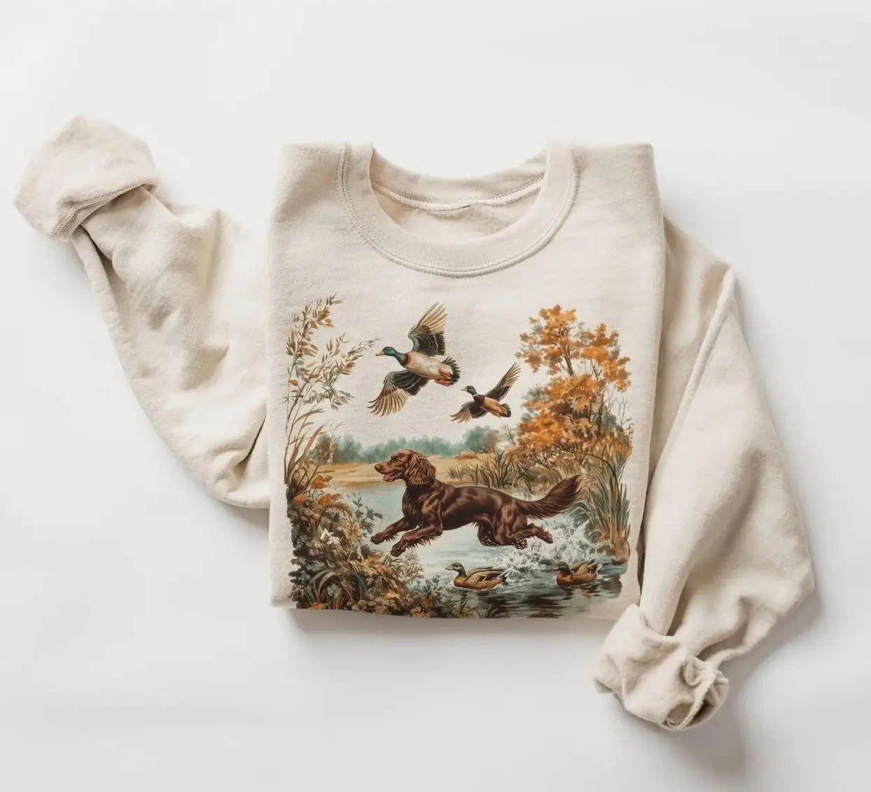 Retro Boykin Spaniel Retrieving Mallard Ducks Sweatshirt - 90s Vintage Cute Dog Breed Hunting Outfit - Trending Graphic Sweatshirt, Comfortable Menswear & Womenswear Top, Perfect Gift For Men And Women, Aug6