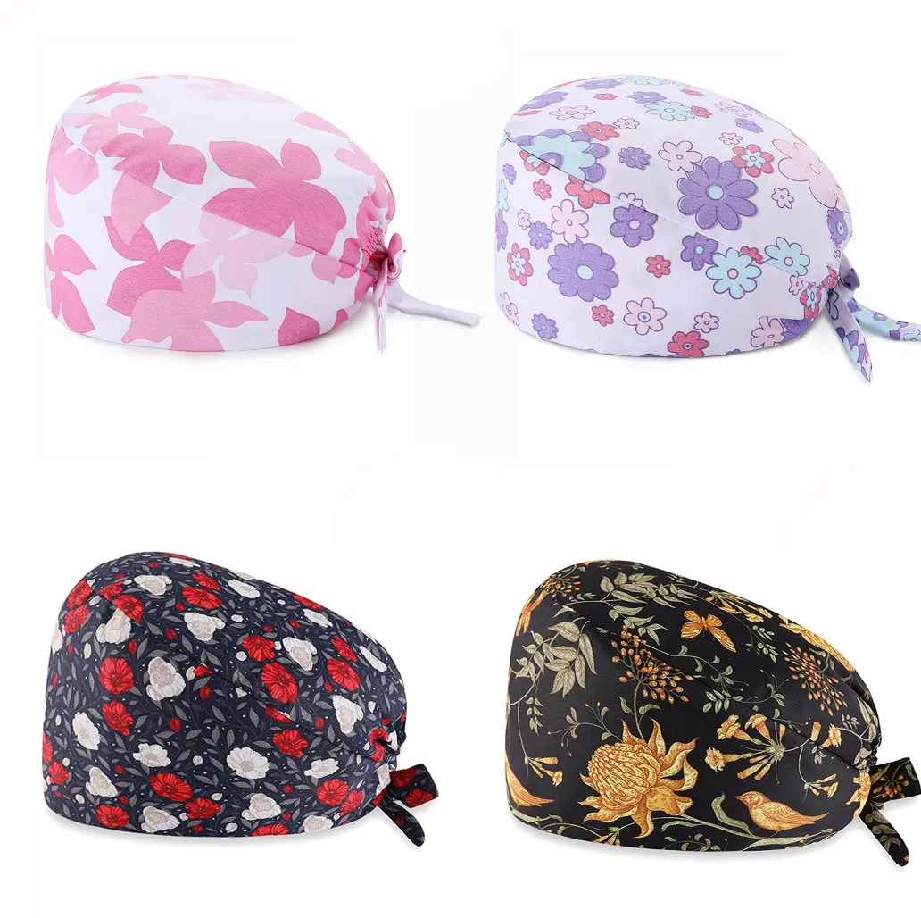 4 Pack Cute Floral Scrub Caps for Women, Breathable Polyester Beanie Hats with Adjustable Ties for Nurses, Essential for Extended Wear, Clothes, Unisex, Comfortable, Daily