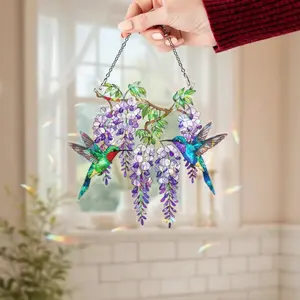 Hummingbird Wisteria Acrylic Hologram Window Hanging, Stained Glass Style Sun Catcher, Floral Bird Home Decor Gift