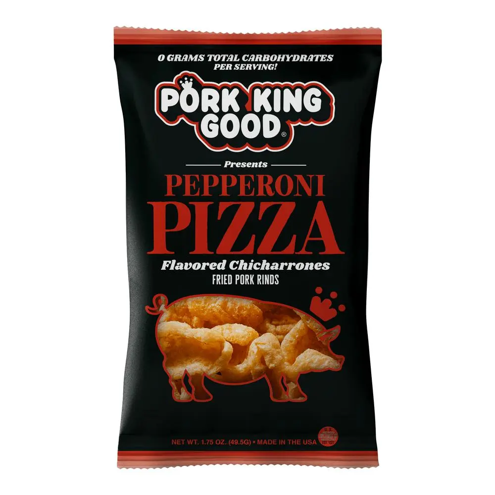 Pork King Good Pizza Flavored Pork Rinds - Keto & Paleo Fit, Gluten-Free, Low Carbs, 0 Carb Indulgence Snacks with Salt, Milk, Garlic, and Cheese Powder